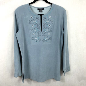 Vintage 90's Blue Embroidered Top Size 8 Blue Long Sleeve Faux Suede Boho